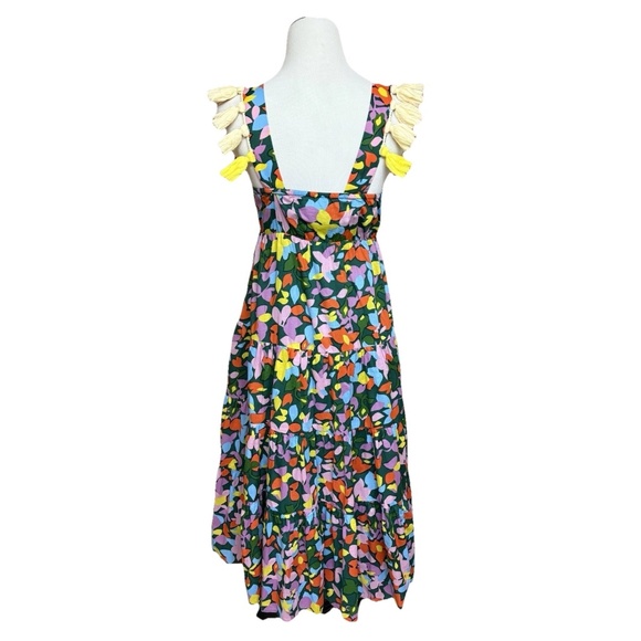 J.Crew Size XS Tassel Dress Confetti Green Floral Organic Cotton Tiered Midi - Picture 15 of 16